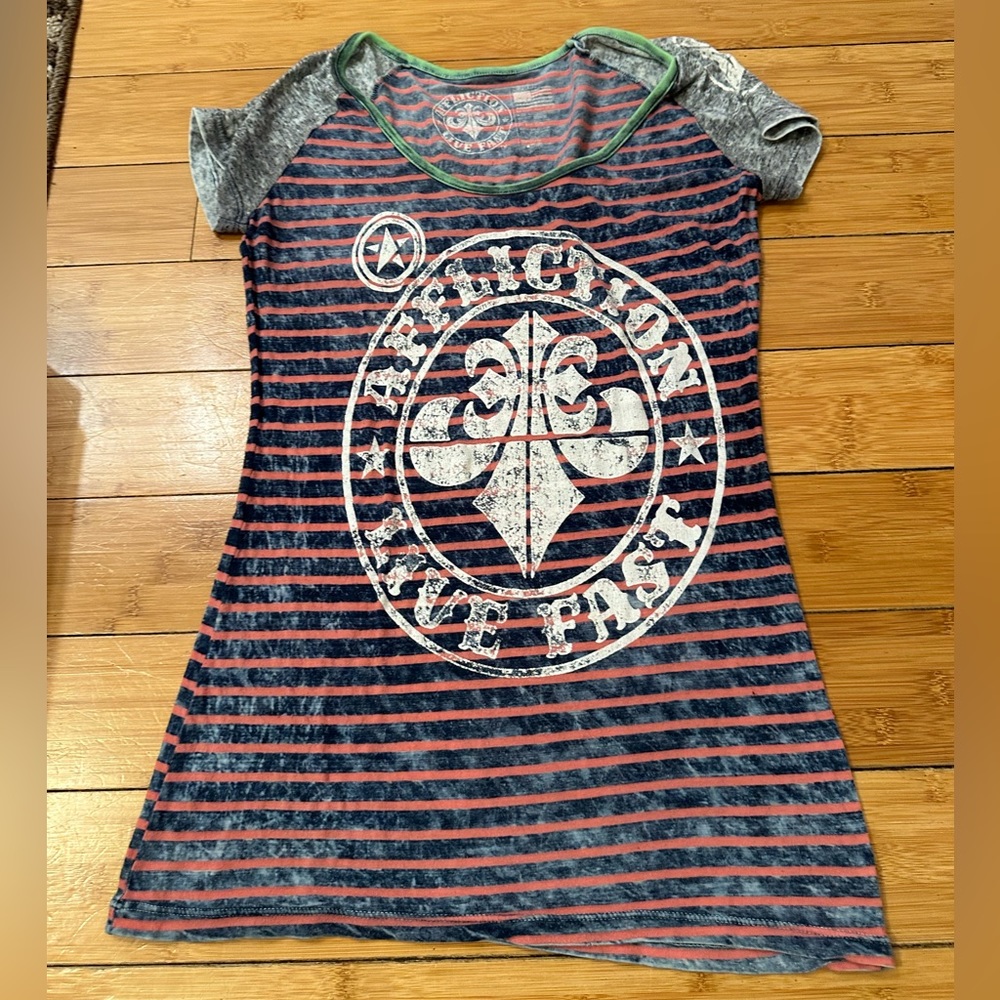 Affliction Sz S Striped Blue, Green, and Pink T-shirt